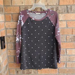 12PM By Mon Ami Women's Small Knit Top Polka Dot Long Sleeve Gray Mauve Size S